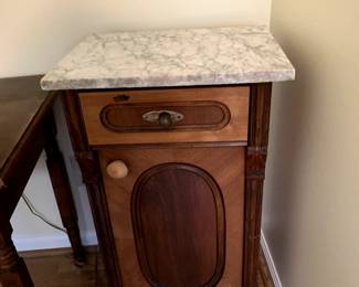 #74	Wood Base End table w/marble Top w/1 Drawer & 1 Door - 18x14x32 - Upstairs - you move	 $85.00 

