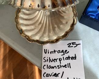 #116	Vintage Silverpated Clamshell Cavier/condiment dish w/glass insert	 $25.00 
