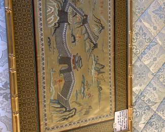 #98	Vtg. Chinese Embroidered Silk Panel in Frame - Great Wall of China - 21x31	 $65.00 
