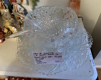 #104	Star of David by L.E. Smith Glass Co. Punch Bowl Set  - 15 pcs. w/underplate Ladle and bowl	 $50.00 
