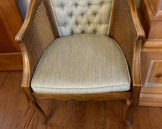 #24	Barrel Chair w/Button Back Blue Fabric w/cane Sides 	 $75.00 
