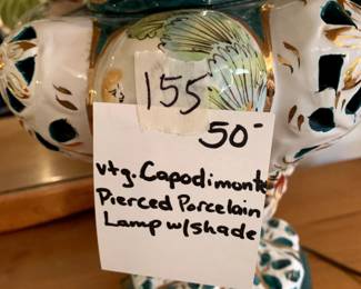 #155	Vtg. Capodimonte Pierced Porcelain Lamp w/shade	 $50.00 
