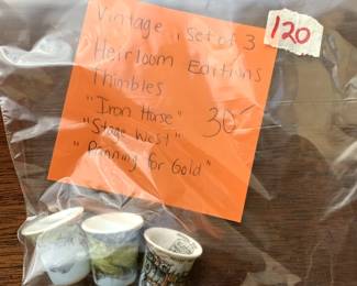 #120	Vintage Set of 3 Heirloom Editions Thimbles "Iron Horse", Stage West, and Panning for Gold	 $30.00 
