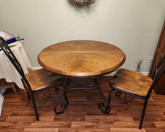 Oak and metal table with 2 chairs