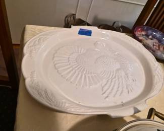 White ceramic turkey deep dish serving platter. 