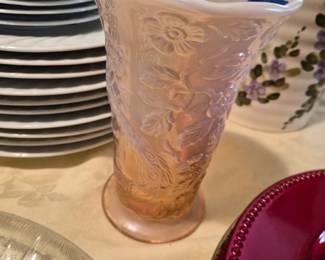 Fenton "Peacock Garden" carnival glass vase in opalescent pink.