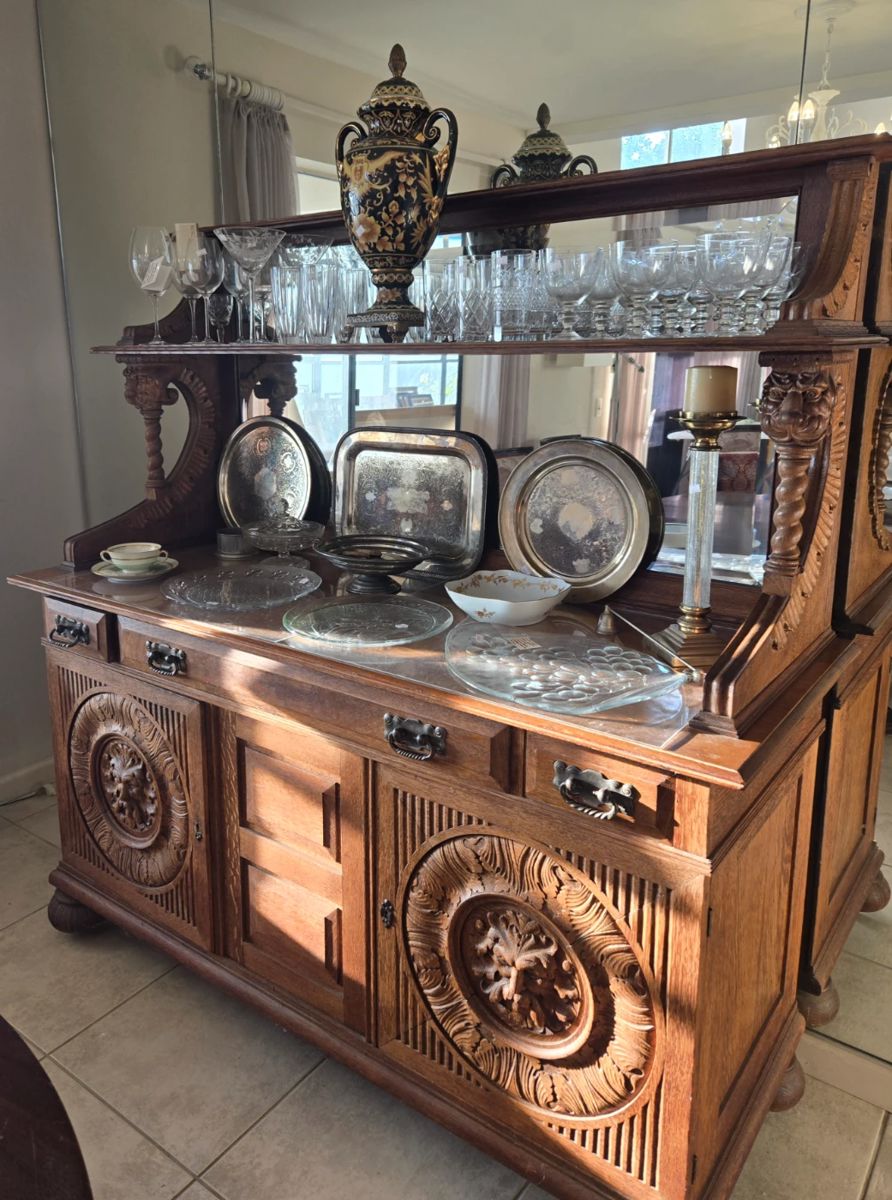 R J Horner mirror backed sideboard. Misc. decor, glass ware, china, silver plate.