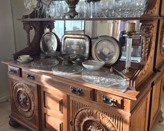 R J Horner mirror backed sideboard. Misc. decor, glass ware, china, silver plate.