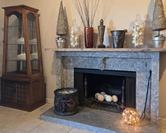 Trapezoid mirrored display cabinet.  China.  Misc. decor.