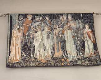 Belgium tapestry 6' 7" wide, 4' 5" high, plus rod, finials & brackets.  Buyer to take down.