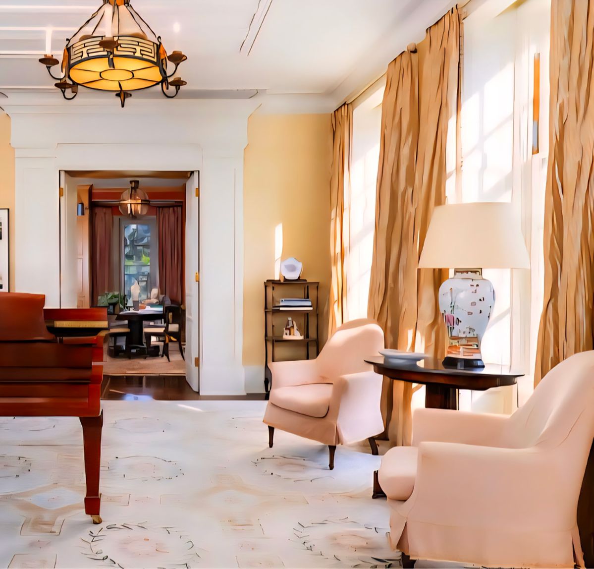 *(photo above: the pair of pink chairs photographed inside the home are in the sale. Nothing else in this photo is in the sale.)*