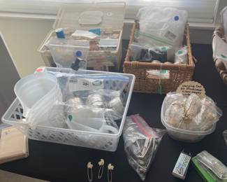 Sewing box, empty lipstick containers and craft supplies  