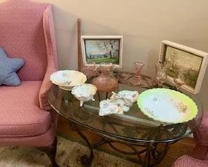 pink and antique serving dishes and chairs