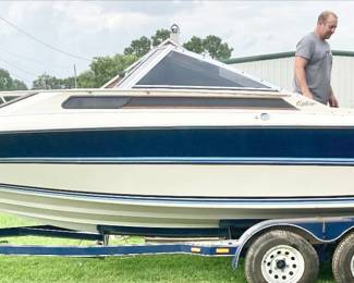 1986 Felt Mach 1 Explorer. 21 foot Long. Fiberglass Hull. Inboard/Outboard motor is locked up. Trailer and trailer tire rims have been newly sandblasted and new tires placed. 