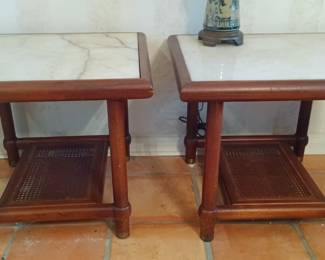 Mid Century marble top tables with cane shelf