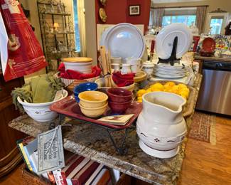 Collection, Longaberger pottery with wrought iron serving tray stand