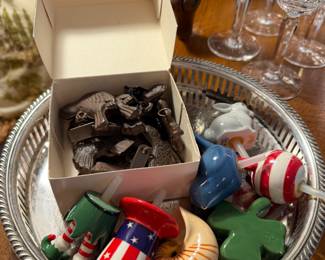 Nora Fleming mini's with box of French cast iron bird form tablecloth weights