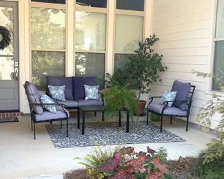 Patio furniture- loveseat, two chairs, cushions, coffee table and rug: $400 for all