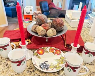 Decor Center Bowl, Candle Holders, Linens  Tea Cups
