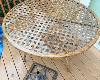 Patio Table, Two Chairs, Umbrella Stand