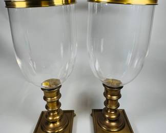 Pair Of Decorative Crafts Inc. Brass Mounted Glass Hurricane Candle Holders (2)