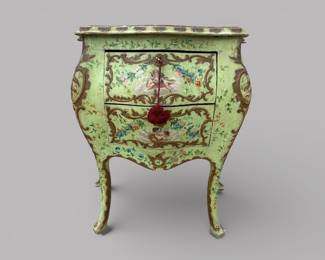 Antique Hand Painted And Gilt French Louis XV Style Bombe Chest Or Commode