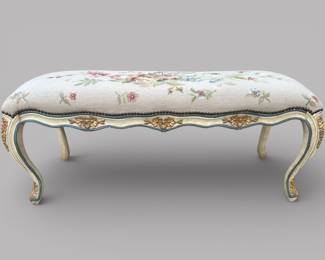 French Louis XV Style Painted And Parcel Gilt Bench With Needlework Upholstery