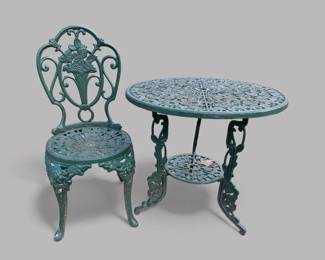Green Rose Patterned Cast Aluminum Outdoor Table And Chair (2)