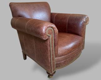 Brown Leather Rolled Arm Easy Chair On Casters