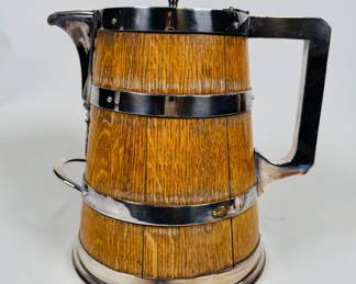 English Oak And Silver Plated Mounted Barrel Pitcher, C. 1900