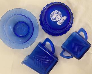 Vintage blue glass, Mother Goose & Shirley Temple