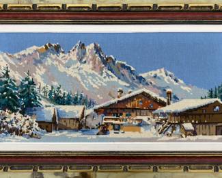 Large framed needlepoint landscape 