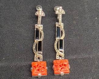 Art Deco Sterling Onyx & Coral Screw back Earrings