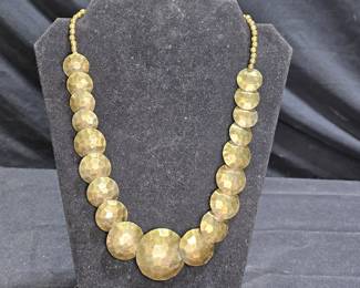Vtg Bronze Beaded Necklace w/ Hammered Disks