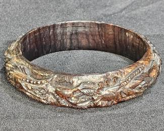 Vintage Ornately Carved Wooden Bangle Bracelet