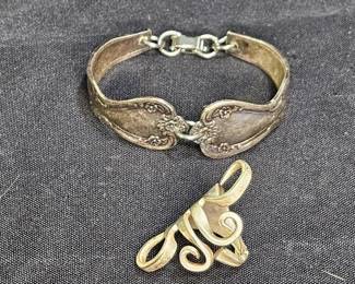 Silver Tone Ring & Bracelet Made from a Fork
