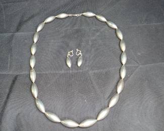 Elongated Sterling Silver Bead Necklace & Earrings