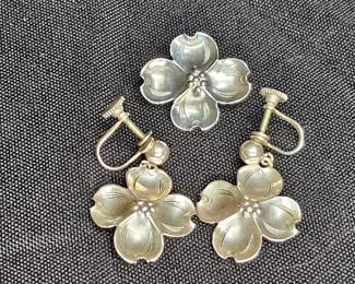 Stuart Nye Sterling Dogwood Brooch and Earrings