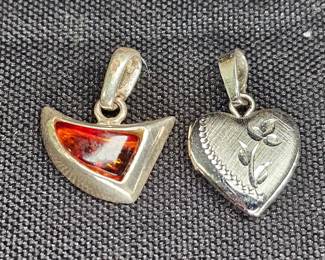 Sterling Heart Locket & Amber Pendants