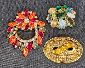 3 Vintage Colorful Rhinestone Brooches