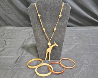 Vintage Giraffe Necklace & 4 Wood Bangle Bracelets
