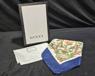 Gucci Floral Print & Blue Border 100% Silk Scarf