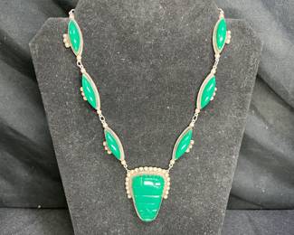 Mexican Sterling Carved Chrysoprase Mask Necklace