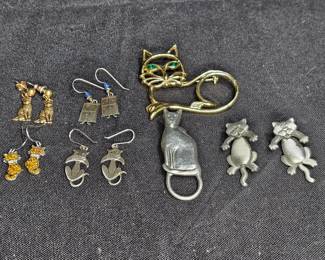 5 Pair Cat Earrings & 2 Cat Brooches