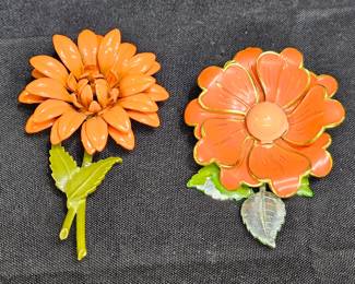 2 Vintage Orange Enamel Flower Brooches
