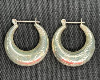 Vintage Sterling Silver Etched Hoop Earrings