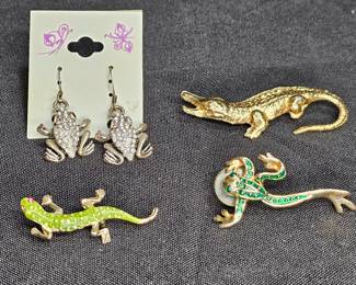Frog, Lizard, & Alligator Brooches and Earrings