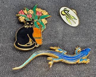 3 Vintage Enameled Pins - Lizard, Flowers, & Cat