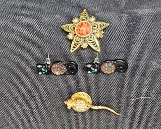 Cat Earrings, Mouse, Pin, & Star Brooch