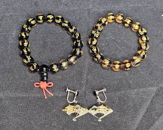 2 Tibetan Mala Bracelets & Japanese Fan Earrings
